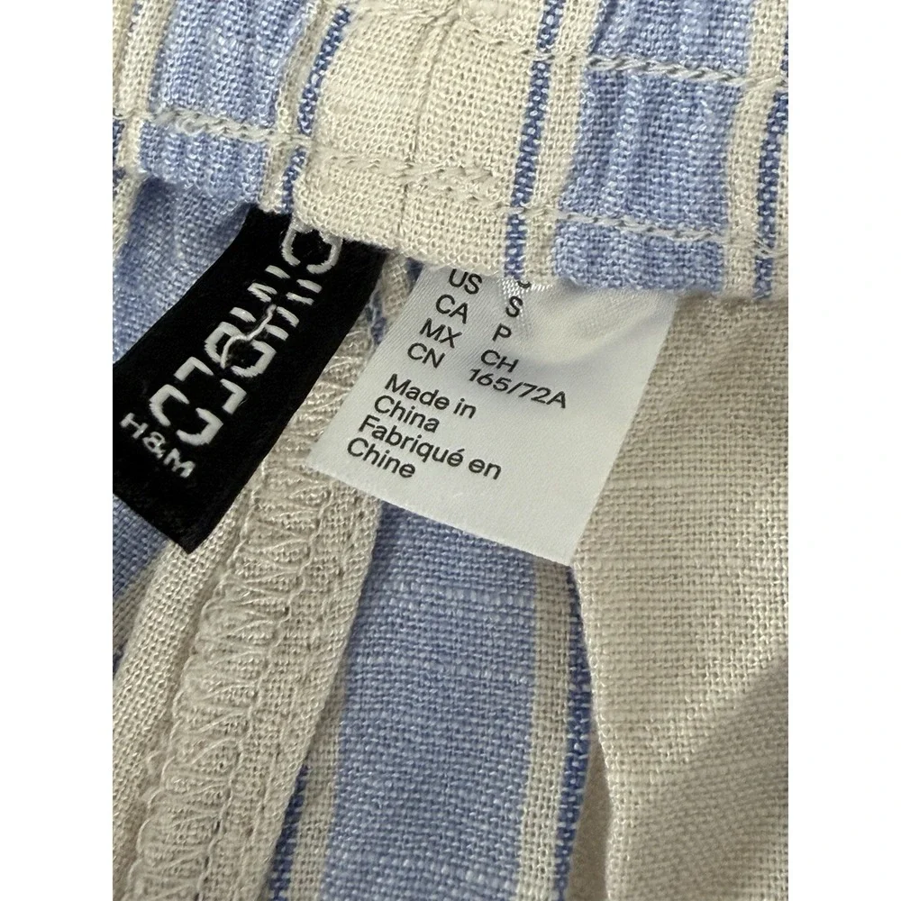 H&M DIVIDED Coastal Blue White Striped Linen Blend Wide Leg Pants Women's Small